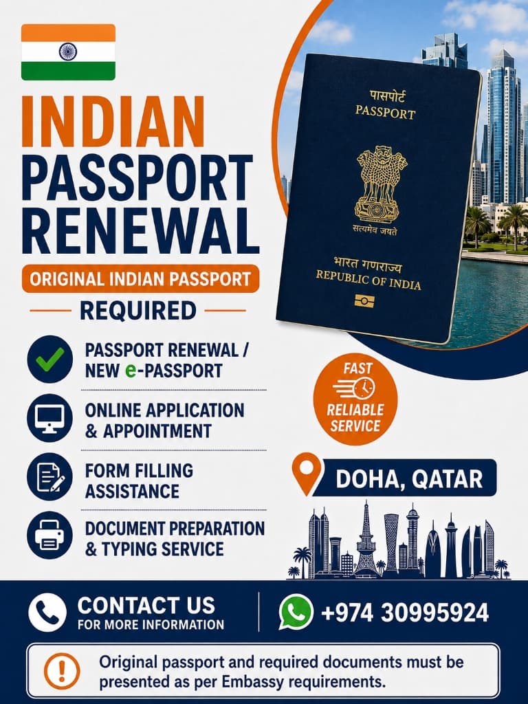 Indian Passport Renewal and Embassy Services guidance poster by Neptar Doha